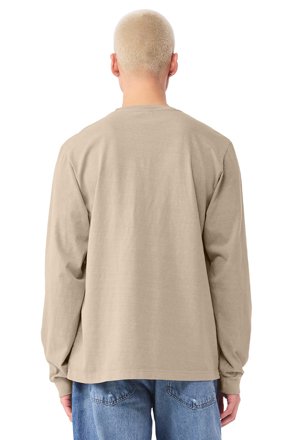 Bella + Canvas BC4851GD Mens Garment Dyed Long Sleeve Crewneck T-Shirt Khaki Brown Model Back