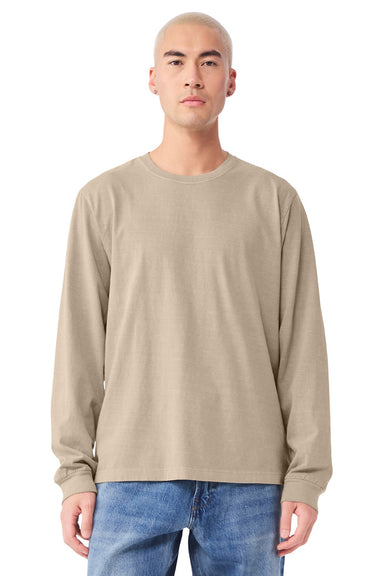 Bella + Canvas BC4851GD Mens Garment Dyed Long Sleeve Crewneck T-Shirt Khaki Brown Model Front