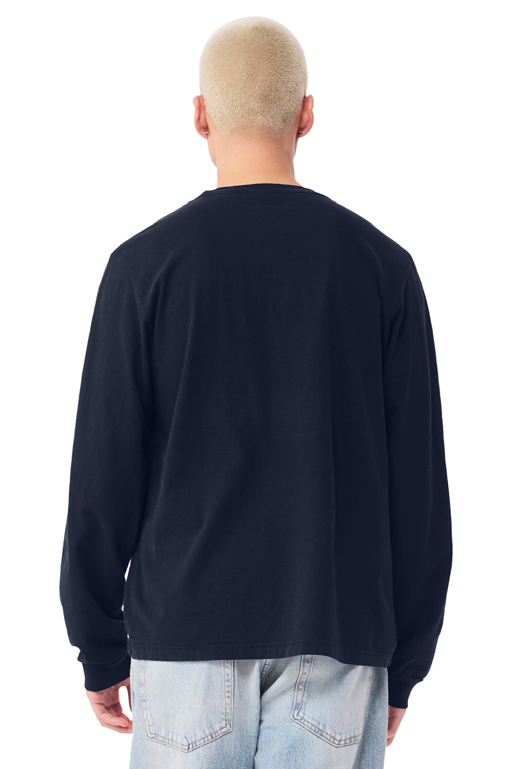 Bella + Canvas BC4851GD Mens Garment Dyed Long Sleeve Crewneck T-Shirt Navy Blue Model Back