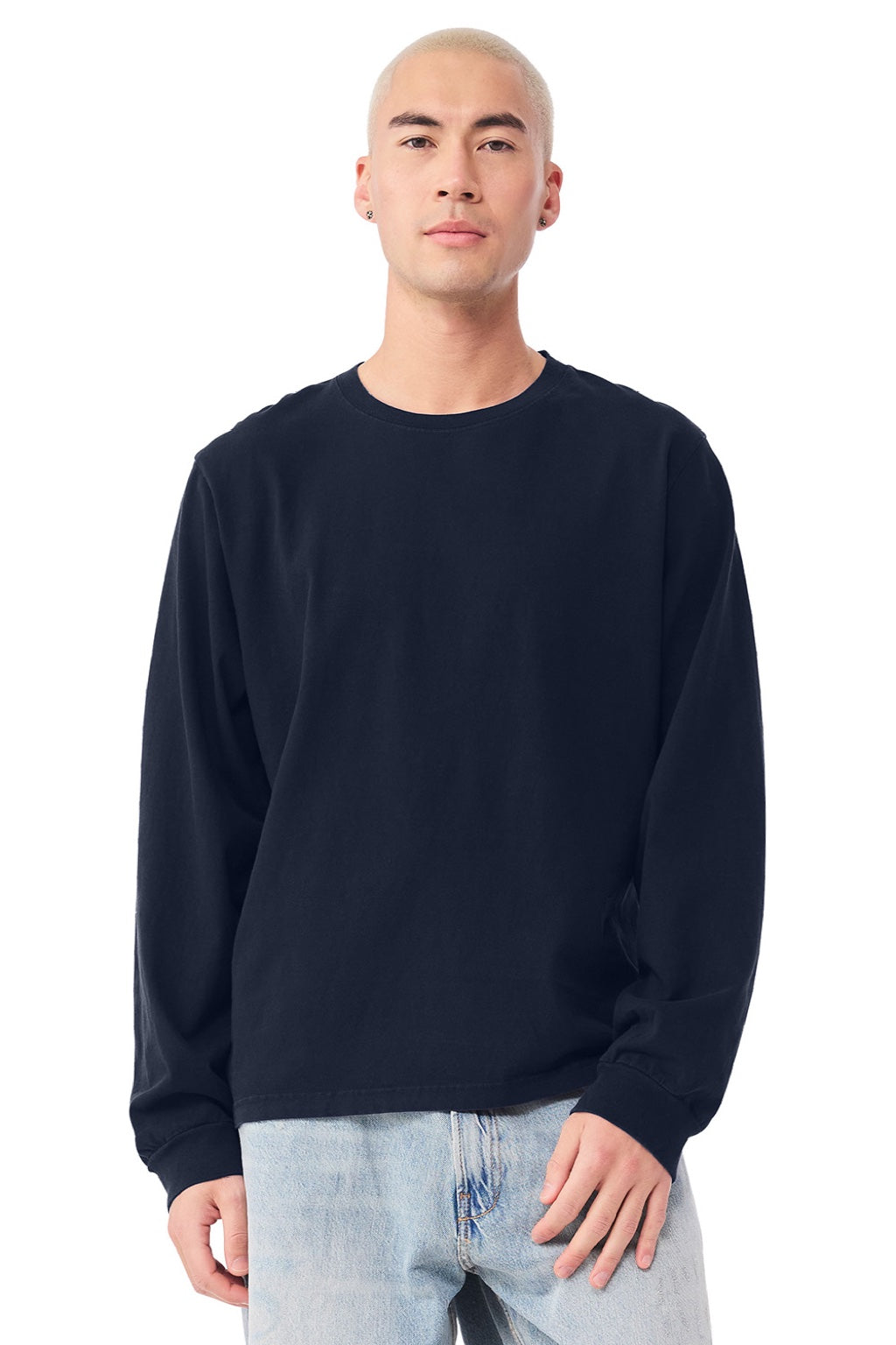 Bella + Canvas BC4851GD Mens Garment Dyed Long Sleeve Crewneck T-Shirt Navy Blue Model Front