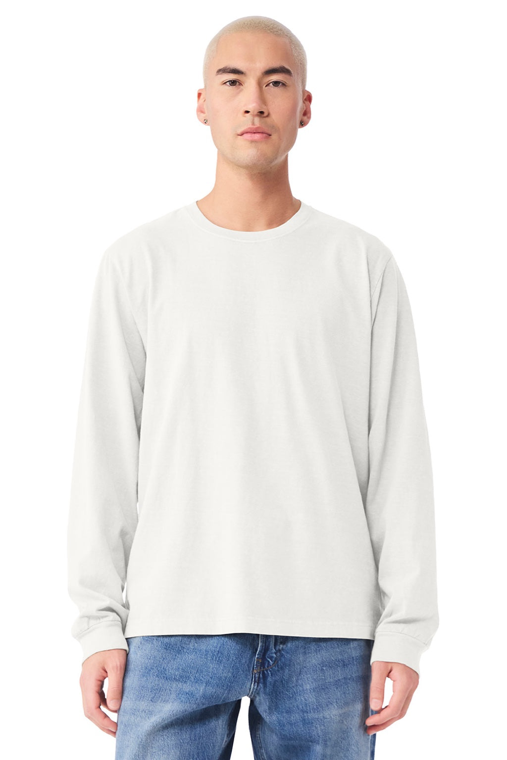 Bella + Canvas BC4851GD Mens Garment Dyed Long Sleeve Crewneck T-Shirt Vintage White Model Front