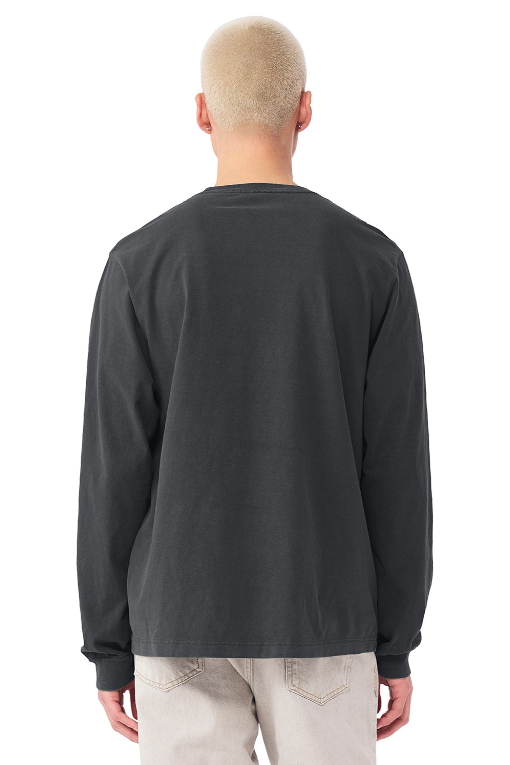 Bella + Canvas BC4851GD Mens Garment Dyed Long Sleeve Crewneck T-Shirt Washed Black Model Back