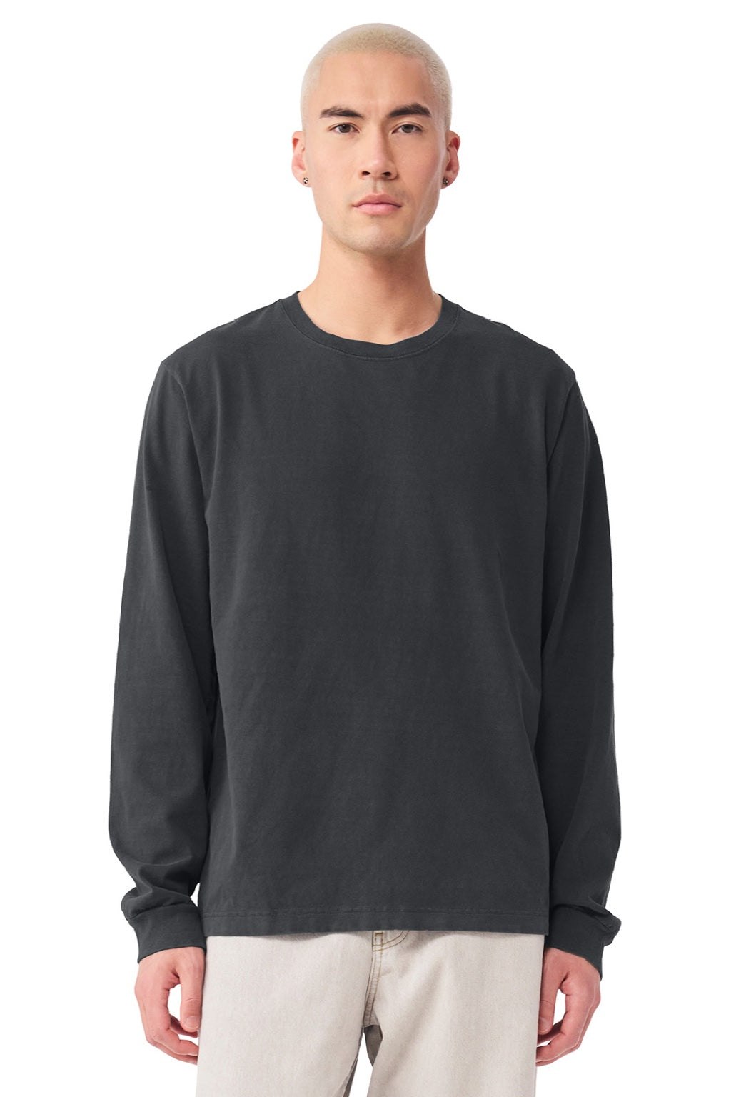 Bella + Canvas BC4851GD Mens Garment Dyed Long Sleeve Crewneck T-Shirt Washed Black Model Front