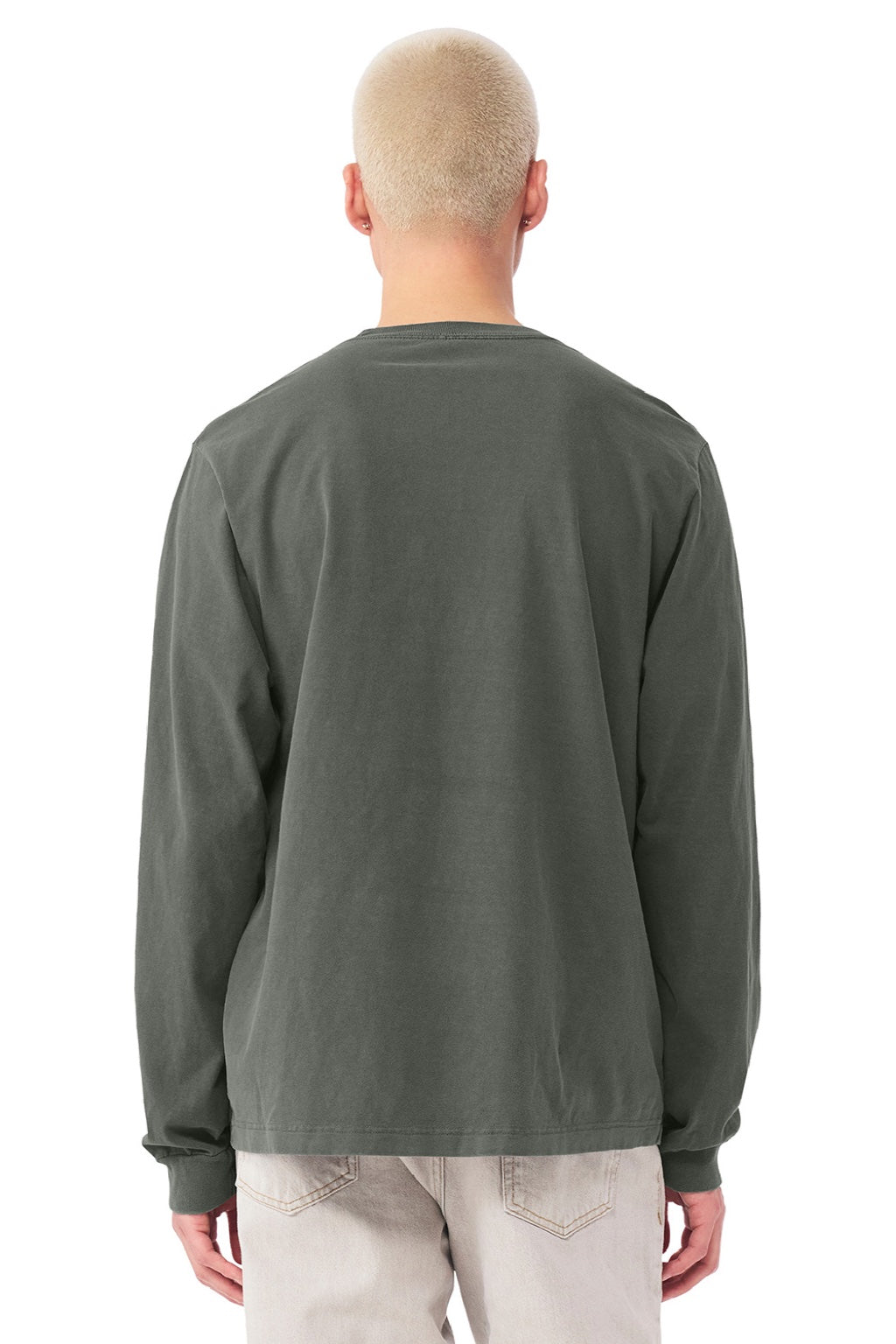 Bella + Canvas BC4851GD Mens Garment Dyed Long Sleeve Crewneck T-Shirt Washed Charcoal Grey Model Back