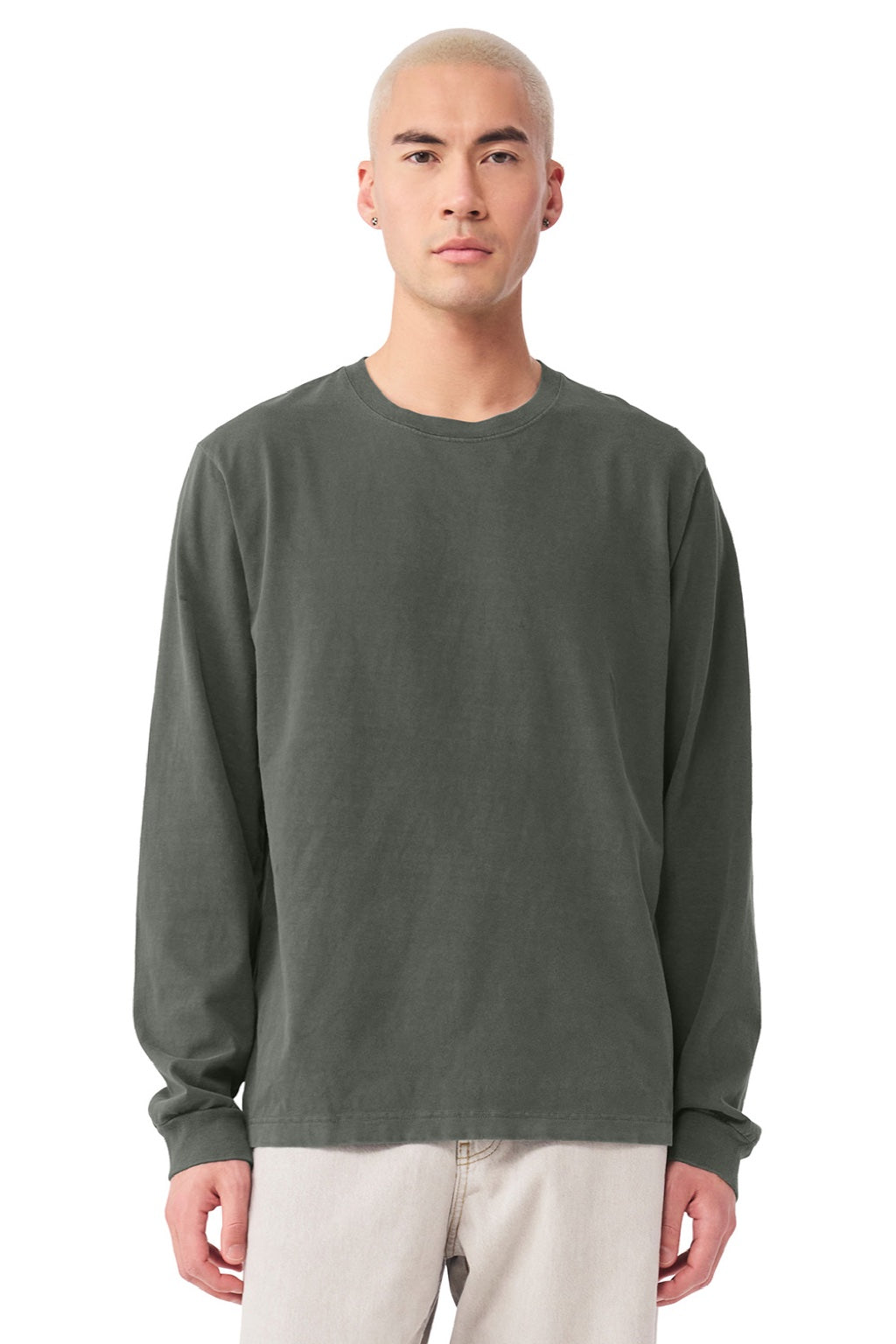 Bella + Canvas BC4851GD Mens Garment Dyed Long Sleeve Crewneck T-Shirt Washed Charcoal Grey Model Front