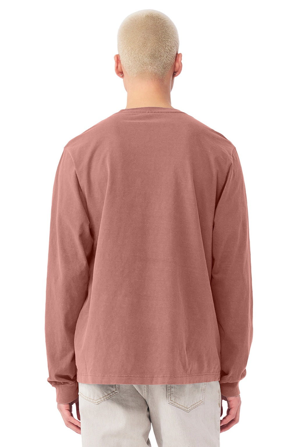 Bella + Canvas BC4851GD Mens Garment Dyed Long Sleeve Crewneck T-Shirt Washed Chestnut Model Back