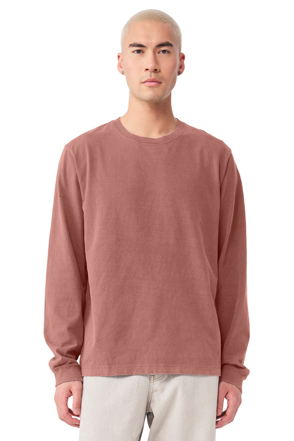 Bella + Canvas BC4851GD Mens Garment Dyed Long Sleeve Crewneck T-Shirt Washed Chestnut Model Front