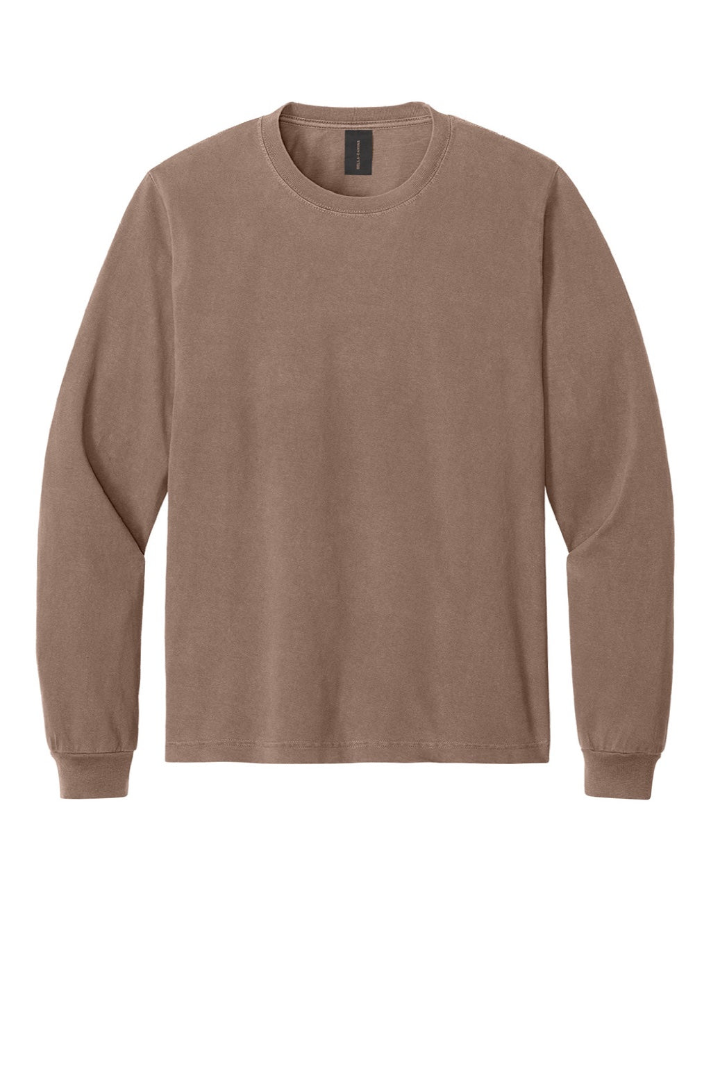 Bella + Canvas BC4851GD Mens Garment Dyed Long Sleeve Crewneck T-Shirt Washed Cocoa Brown Flat Front