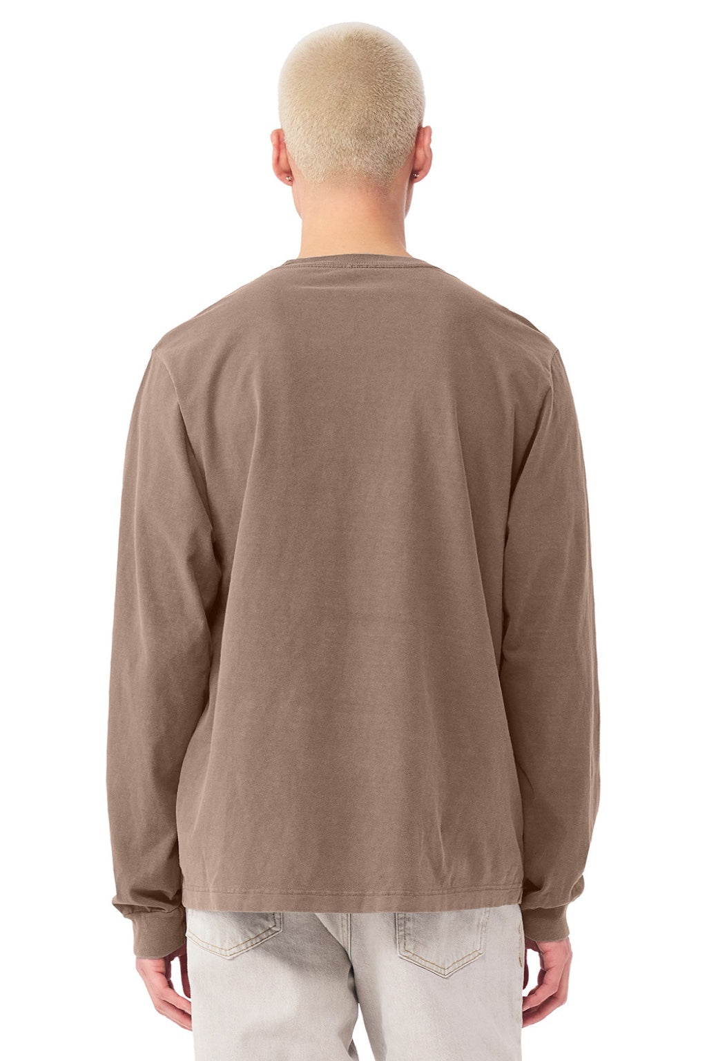 Bella + Canvas BC4851GD Mens Garment Dyed Long Sleeve Crewneck T-Shirt Washed Cocoa Brown Model Back