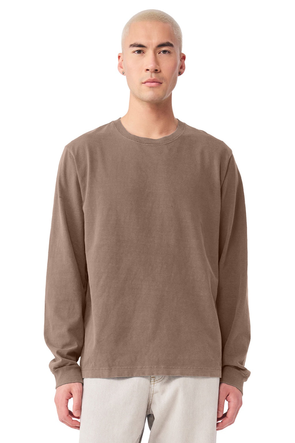 Bella + Canvas BC4851GD Mens Garment Dyed Long Sleeve Crewneck T-Shirt Washed Cocoa Brown Model Front