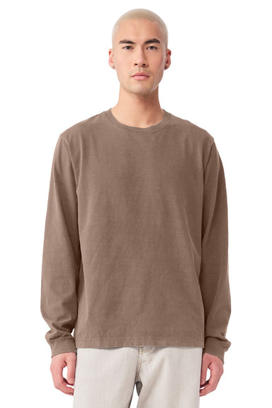 Bella + Canvas BC4851GD Mens Garment Dyed Long Sleeve Crewneck T-Shirt Washed Cocoa Brown Model Front