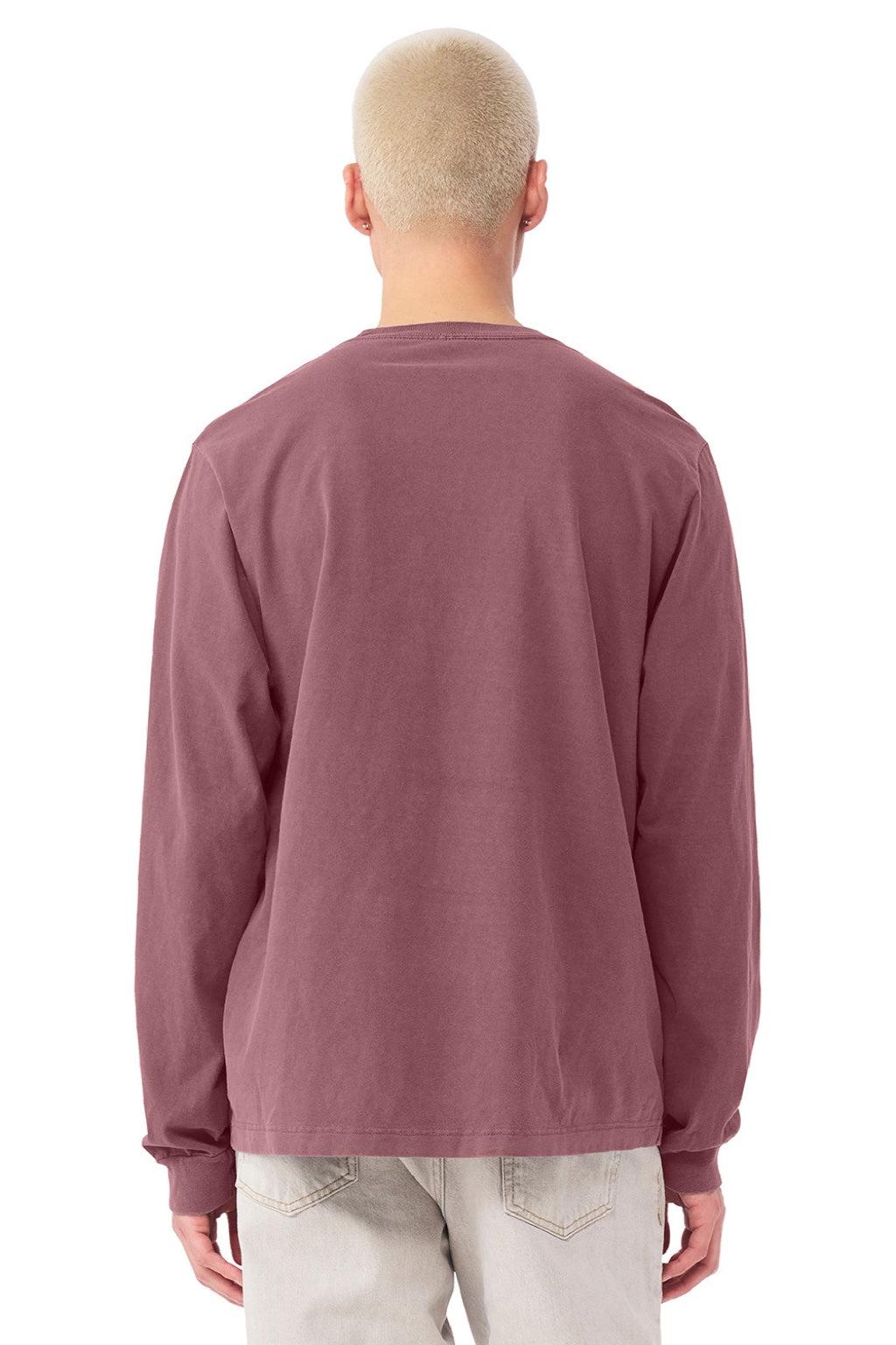 Bella + Canvas BC4851GD Mens Garment Dyed Long Sleeve Crewneck T-Shirt Washed Maroon Model Back