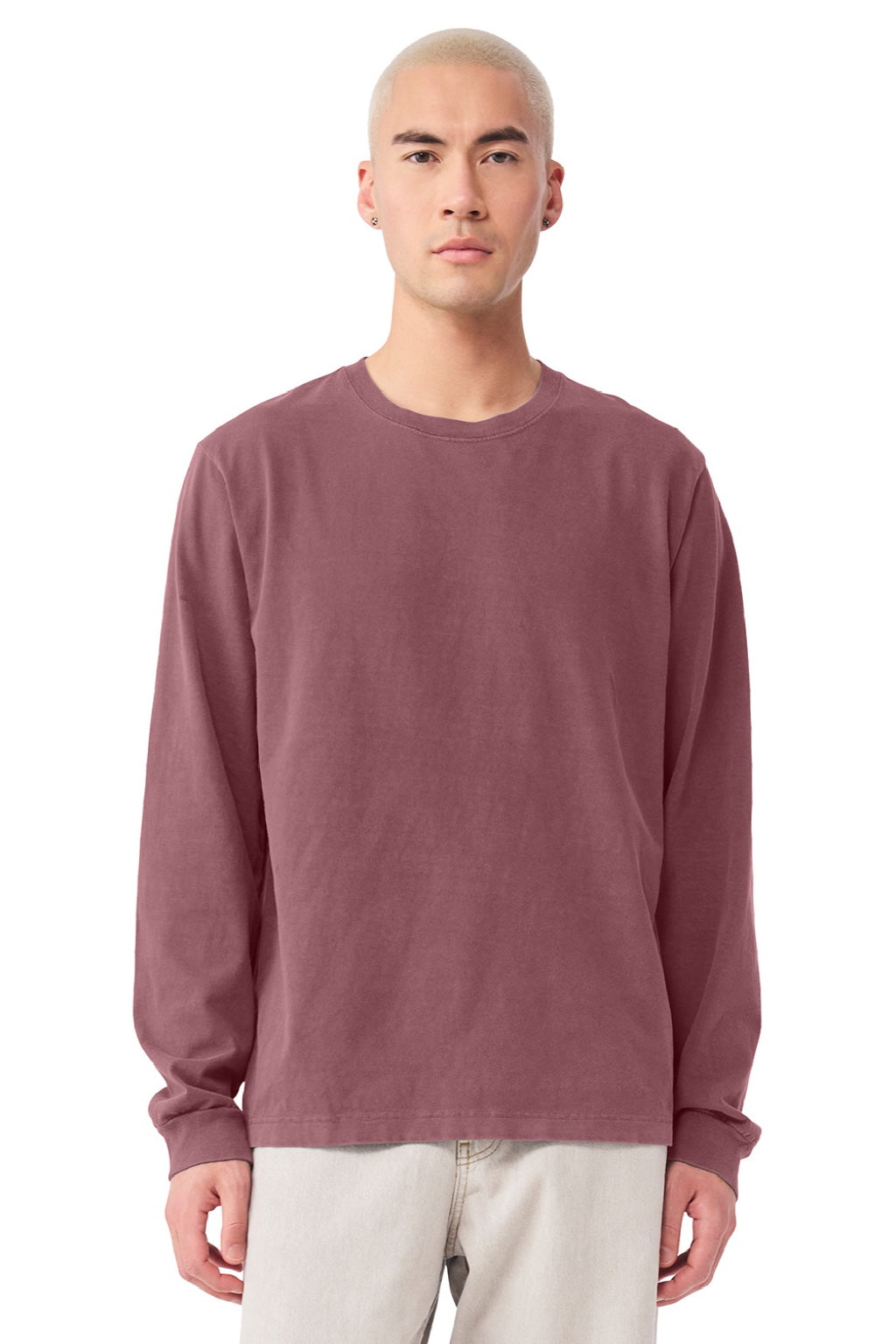 Bella + Canvas BC4851GD Mens Garment Dyed Long Sleeve Crewneck T-Shirt Washed Maroon Model Front