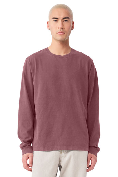 Bella + Canvas BC4851GD Mens Garment Dyed Long Sleeve Crewneck T-Shirt Washed Maroon Model Front