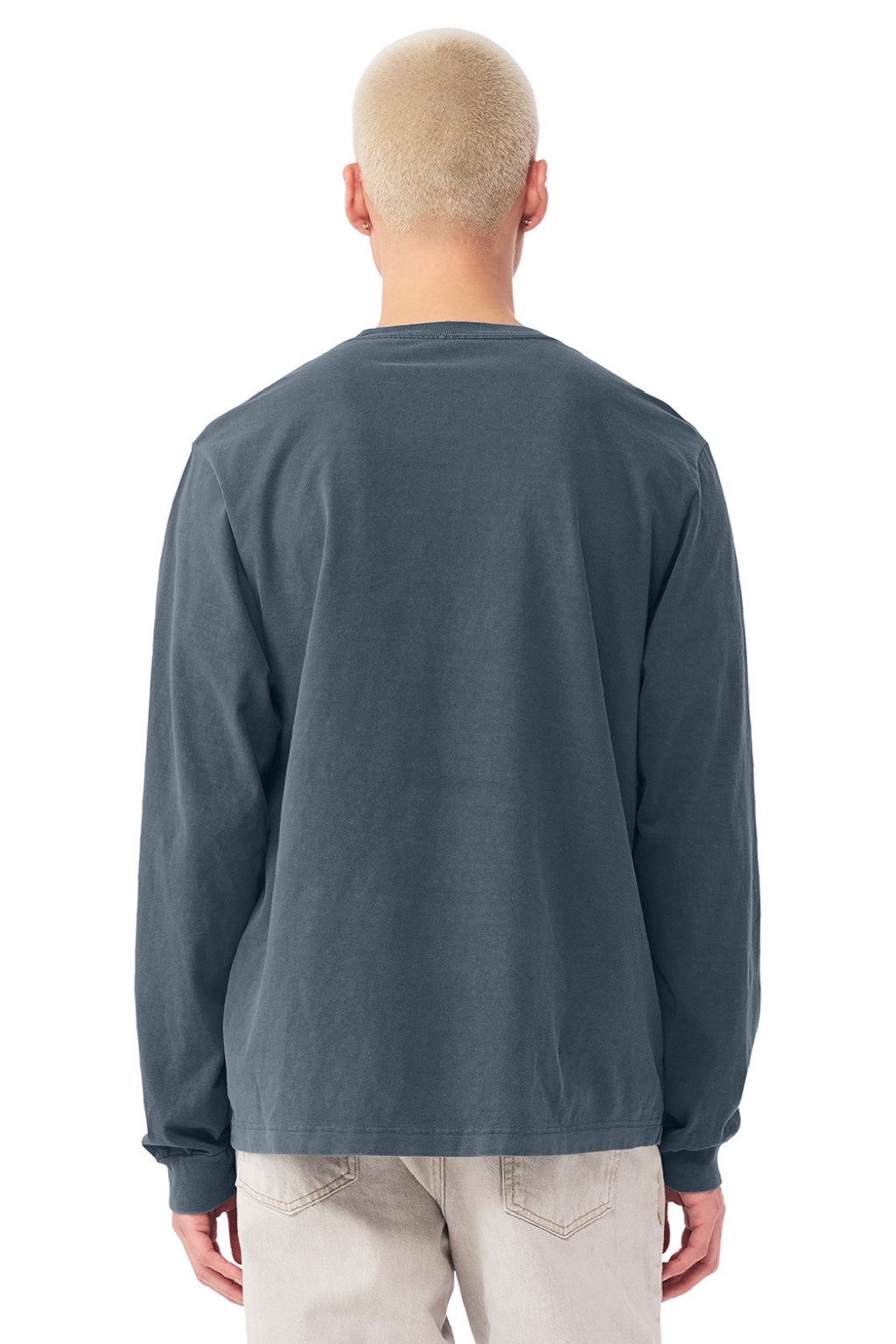 Bella + Canvas BC4851GD Mens Garment Dyed Long Sleeve Crewneck T-Shirt Washed Navy Blue Model Back
