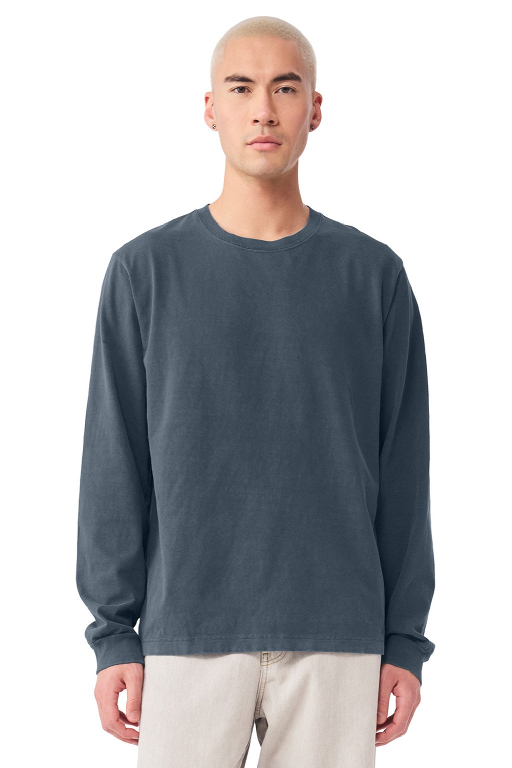 Bella + Canvas BC4851GD Mens Garment Dyed Long Sleeve Crewneck T-Shirt Washed Navy Blue Model Front