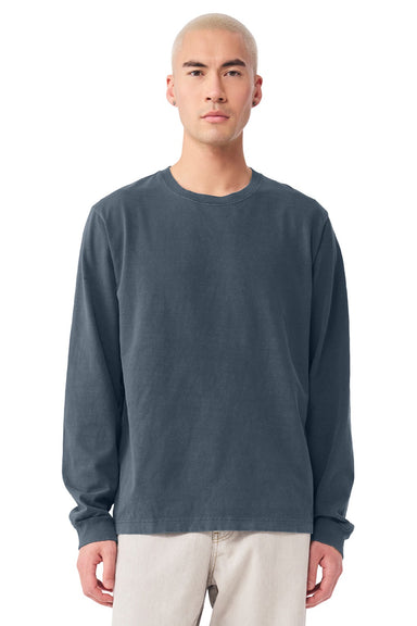 Bella + Canvas BC4851GD Mens Garment Dyed Long Sleeve Crewneck T-Shirt Washed Navy Blue Model Front