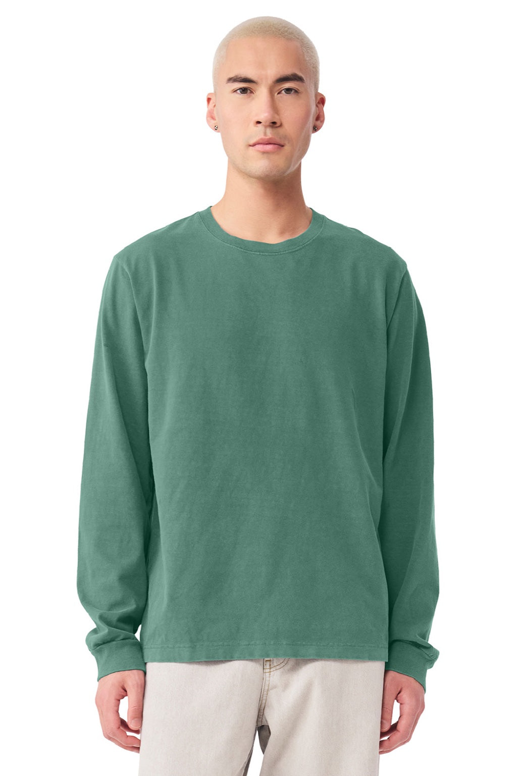Bella + Canvas BC4851GD Mens Garment Dyed Long Sleeve Crewneck T-Shirt Washed Pine Green Model Front