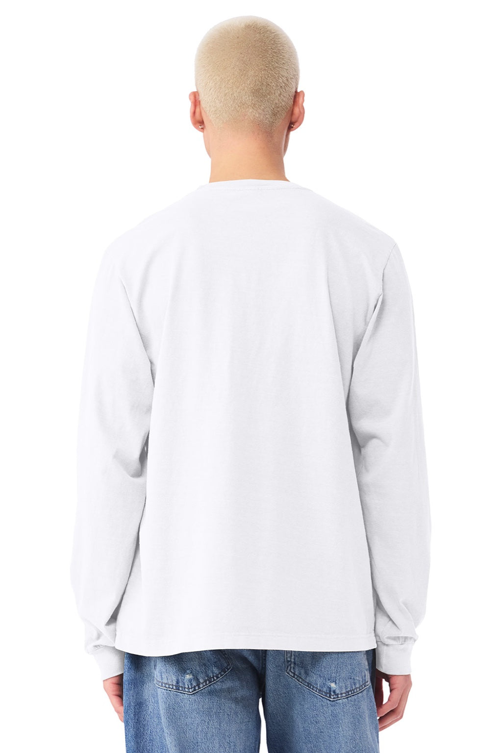 Bella + Canvas BC4851GD Mens Garment Dyed Long Sleeve Crewneck T-Shirt White Model Back