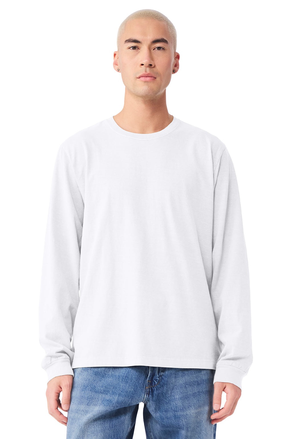 Bella + Canvas BC4851GD Mens Garment Dyed Long Sleeve Crewneck T-Shirt White Model Front