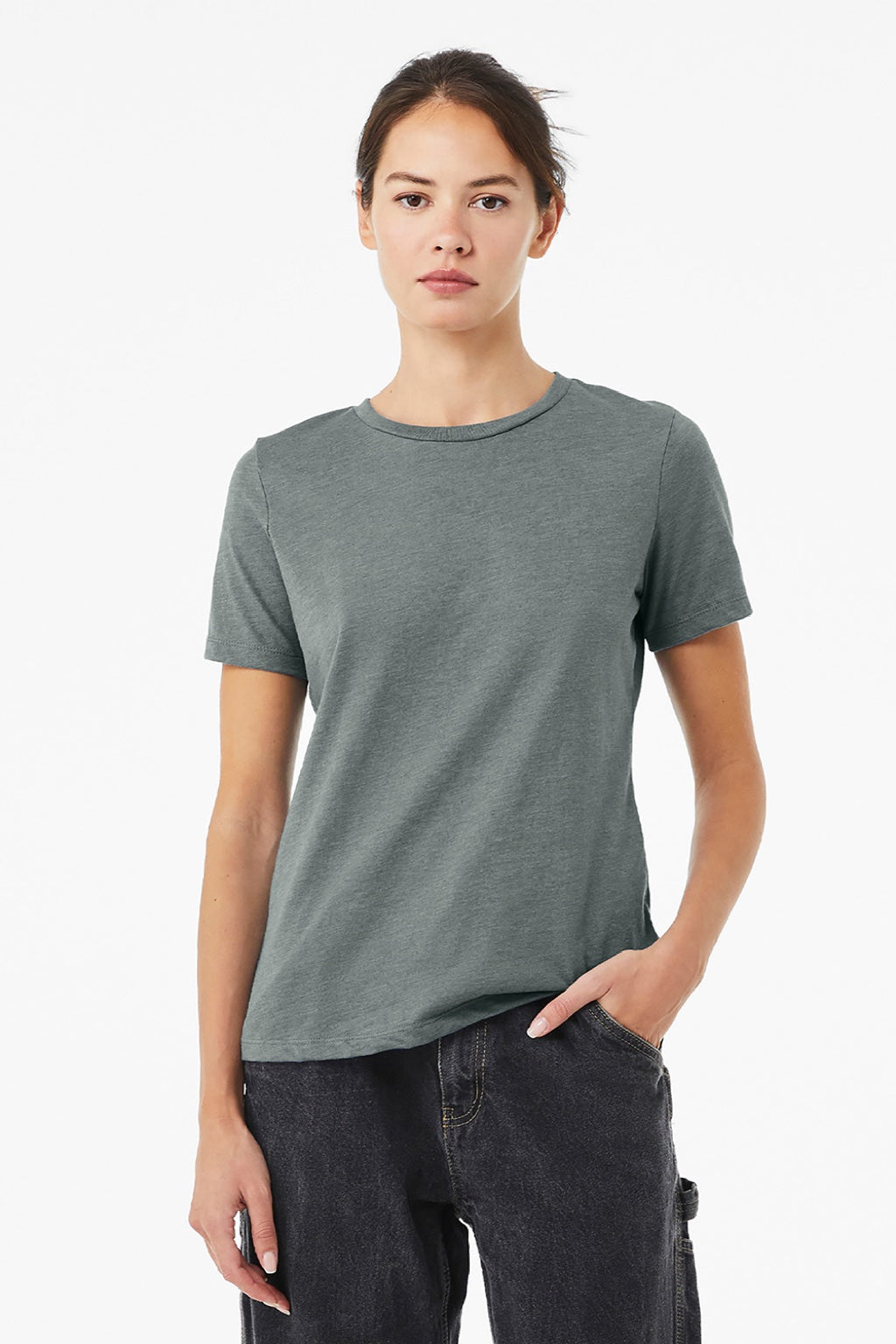 Bella + Canvas BC6400CVC/6400CVC Womens CVC Short Sleeve Crewneck T-Shirt Heather Storm Blue Model Front