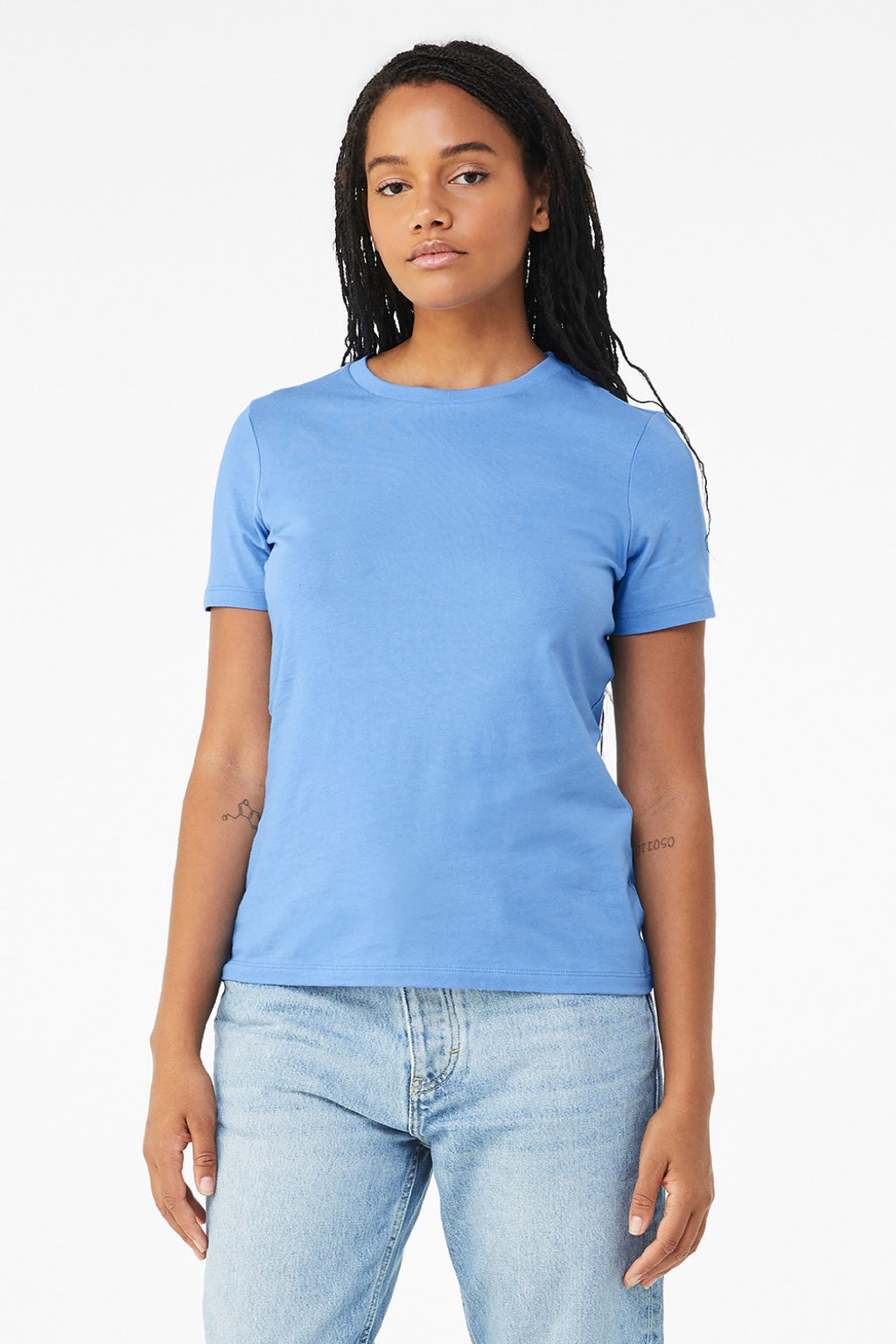Bella + Canvas BC6400/6400 Womens Relaxed Jersey Short Sleeve Crewneck T-Shirt Carolina Blue Model Front