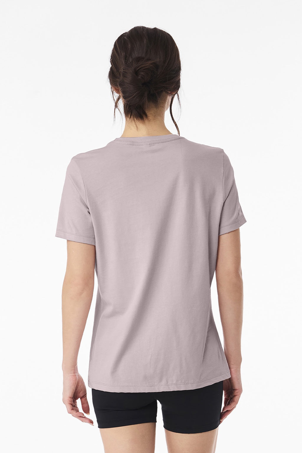 Bella + Canvas BC6400/6400 Womens Relaxed Jersey Short Sleeve Crewneck T-Shirt Gravel Pink Model Back