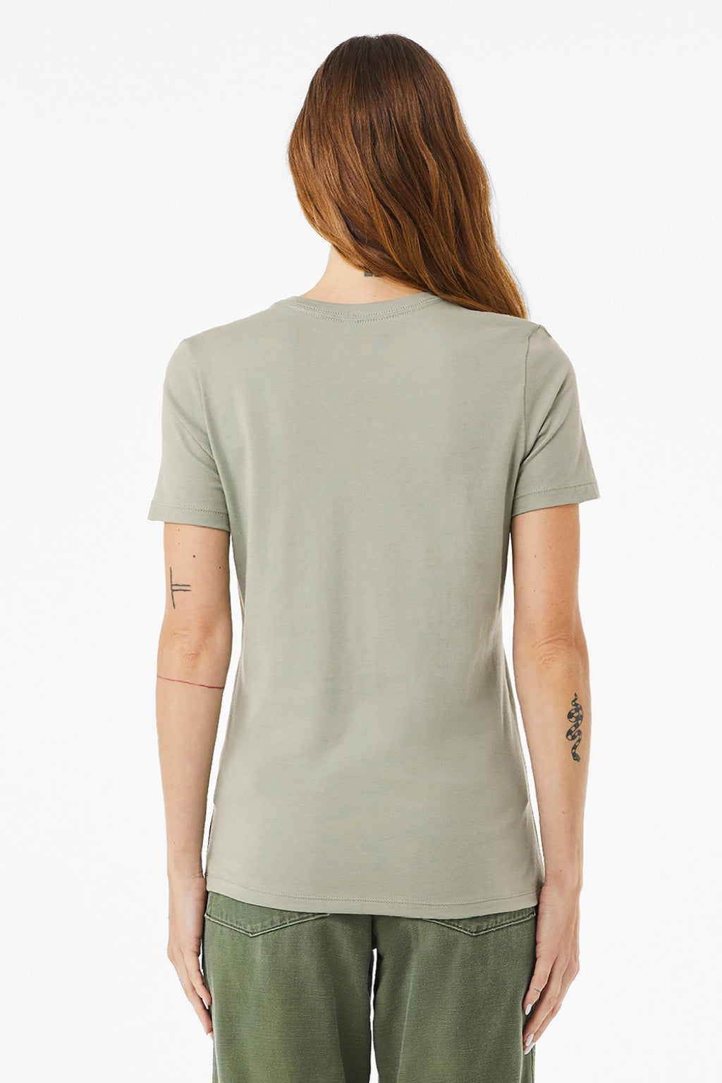 Bella + Canvas BC6400/6400 Womens Relaxed Jersey Short Sleeve Crewneck T-Shirt Thyme Green Model Back