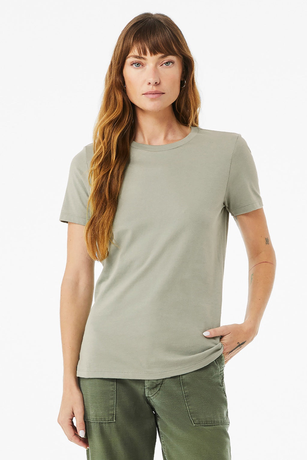 Bella + Canvas BC6400/6400 Womens Relaxed Jersey Short Sleeve Crewneck T-Shirt Thyme Green Model Front