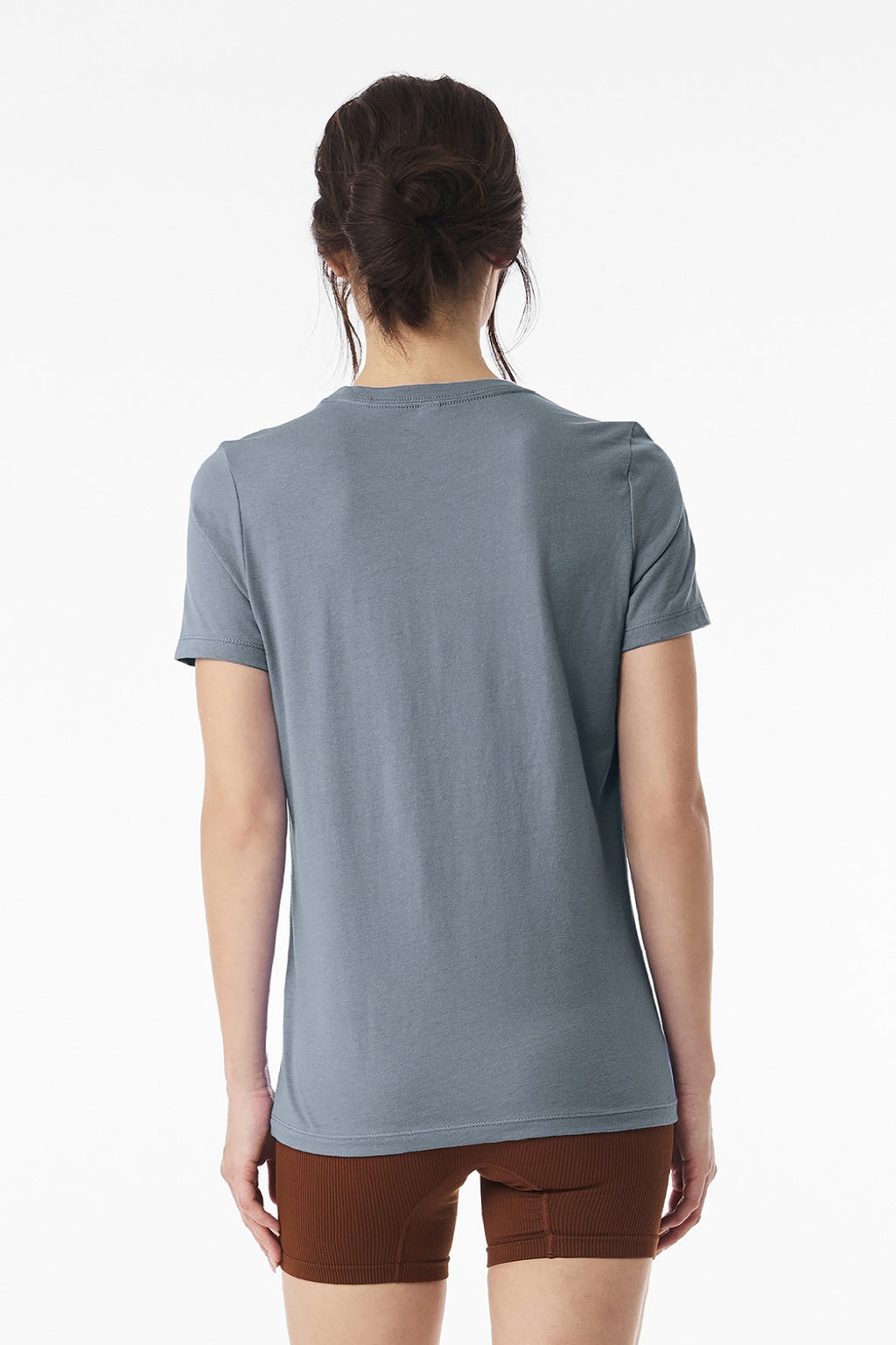 Bella + Canvas BC6400/6400 Womens Relaxed Jersey Short Sleeve Crewneck T-Shirt Vintage Denim Blue Model Back