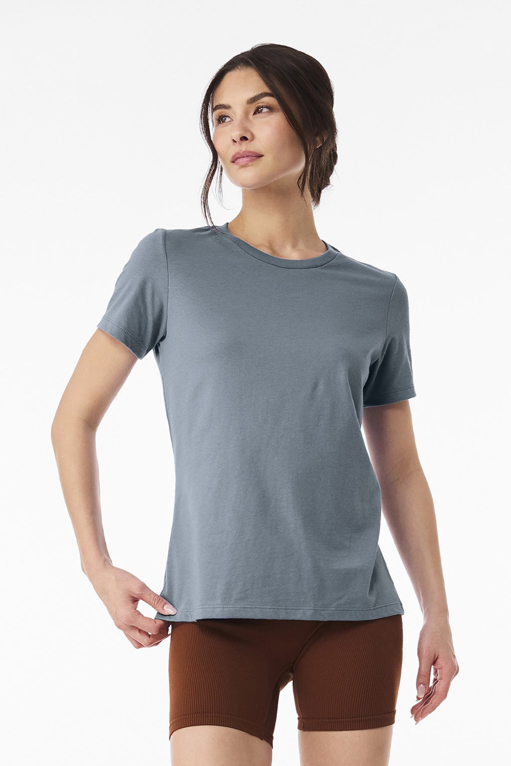 Bella + Canvas BC6400/6400 Womens Relaxed Jersey Short Sleeve Crewneck T-Shirt Vintage Denim Blue Model Front