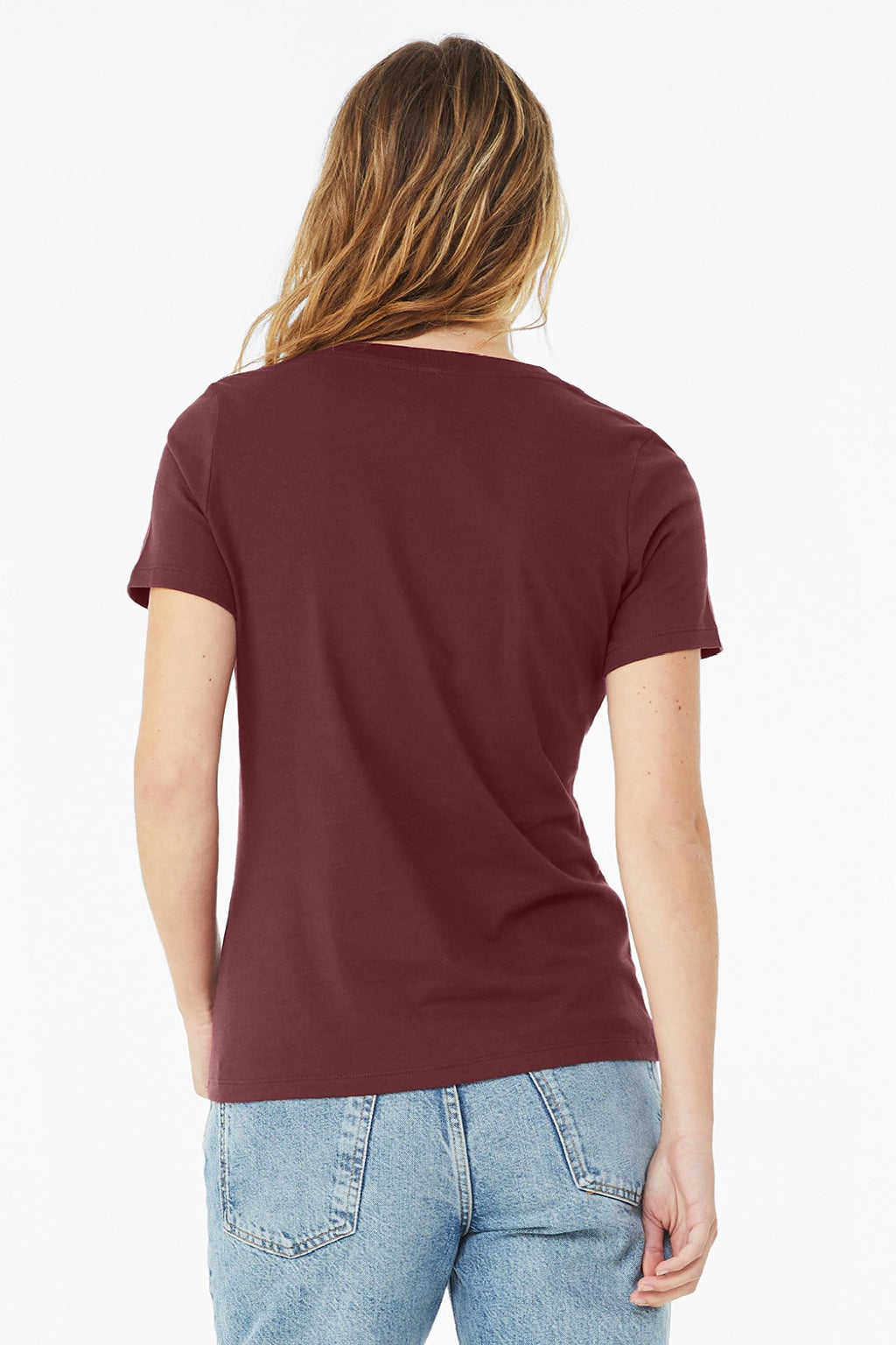 Bella + Canvas BC6405/6405 Womens Relaxed Jersey Short Sleeve V-Neck T-Shirt Maroon Model Back