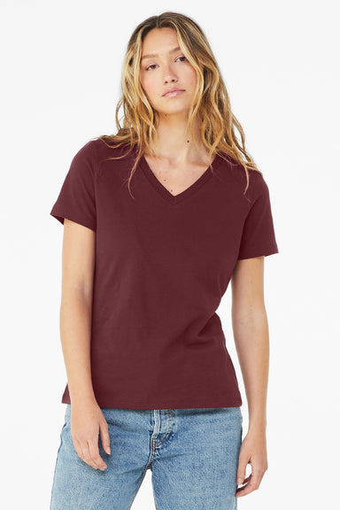 Bella + Canvas BC6405/6405 Womens Relaxed Jersey Short Sleeve V-Neck T-Shirt Maroon Model Front