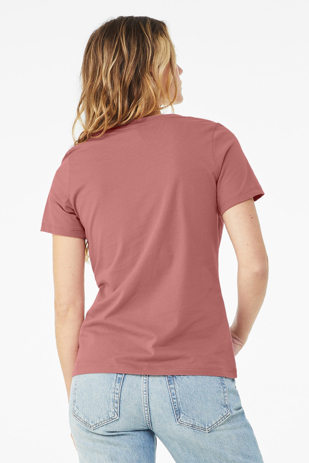 Bella + Canvas BC6405/6405 Womens Relaxed Jersey Short Sleeve V-Neck T-Shirt Mauve Model Back