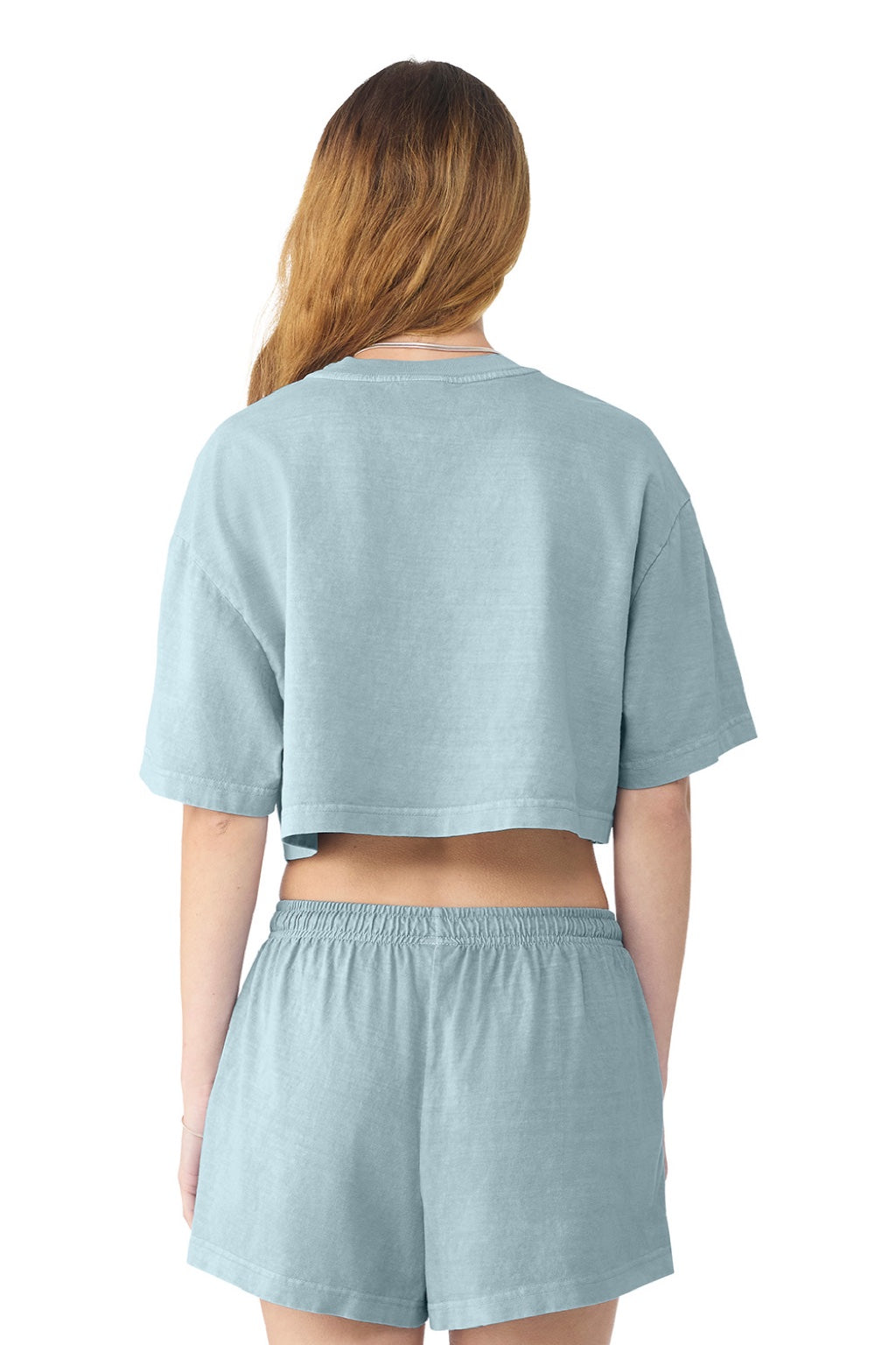 Bella + Canvas BC6882GD Womens Garment Dyed Cropped Short Sleeve Crewneck T-Shirt Light Washed Denim Blue Model Back
