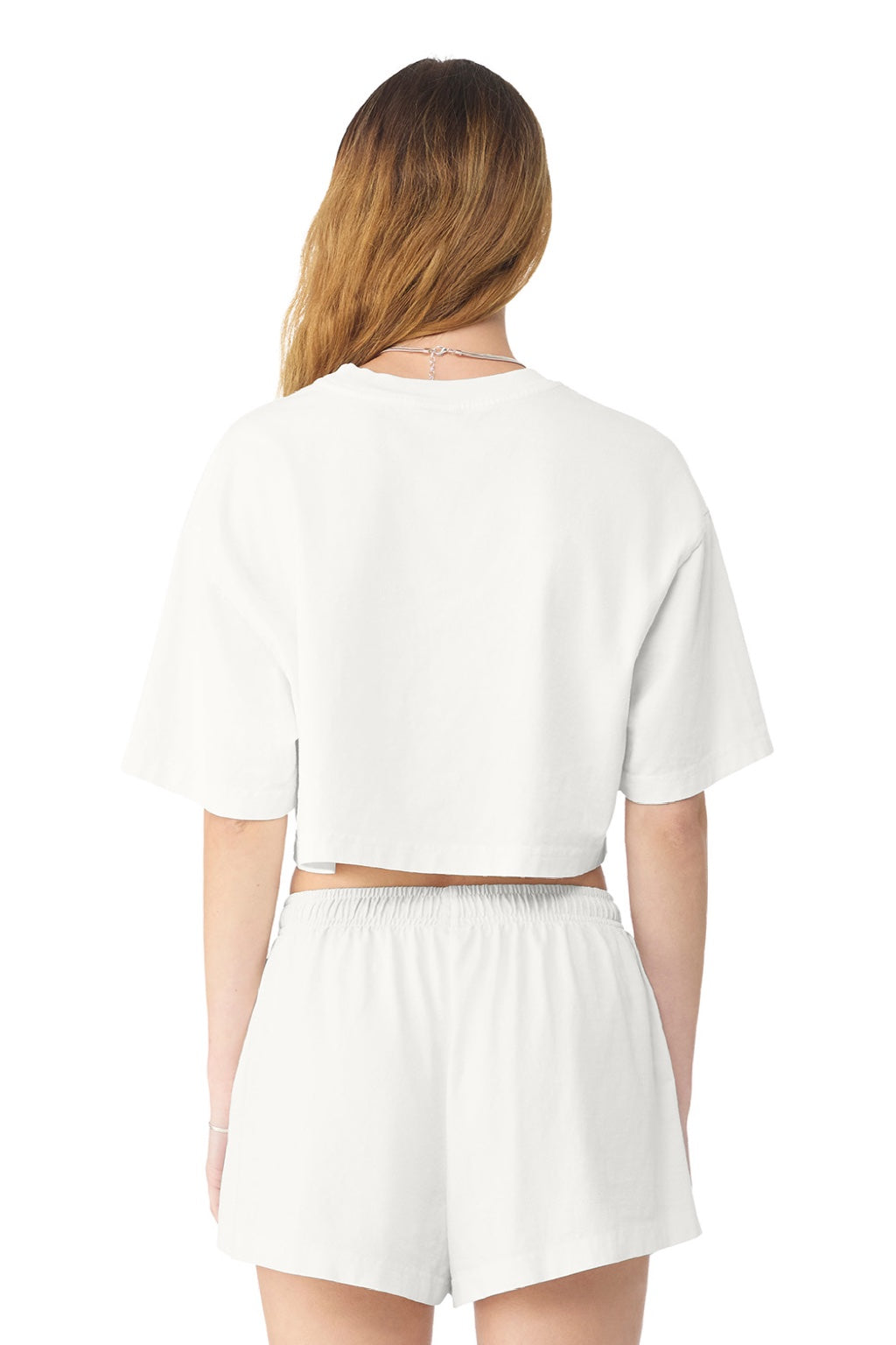 Bella + Canvas BC6882GD Womens Garment Dyed Cropped Short Sleeve Crewneck T-Shirt Vintage White Model Back