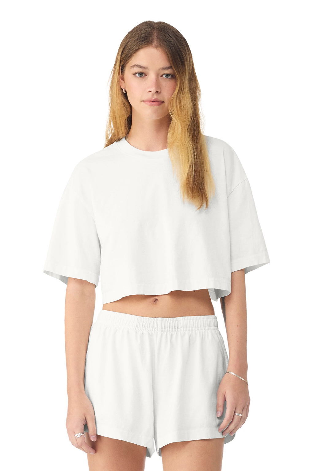 Bella + Canvas BC6882GD Womens Garment Dyed Cropped Short Sleeve Crewneck T-Shirt Vintage White Model Front
