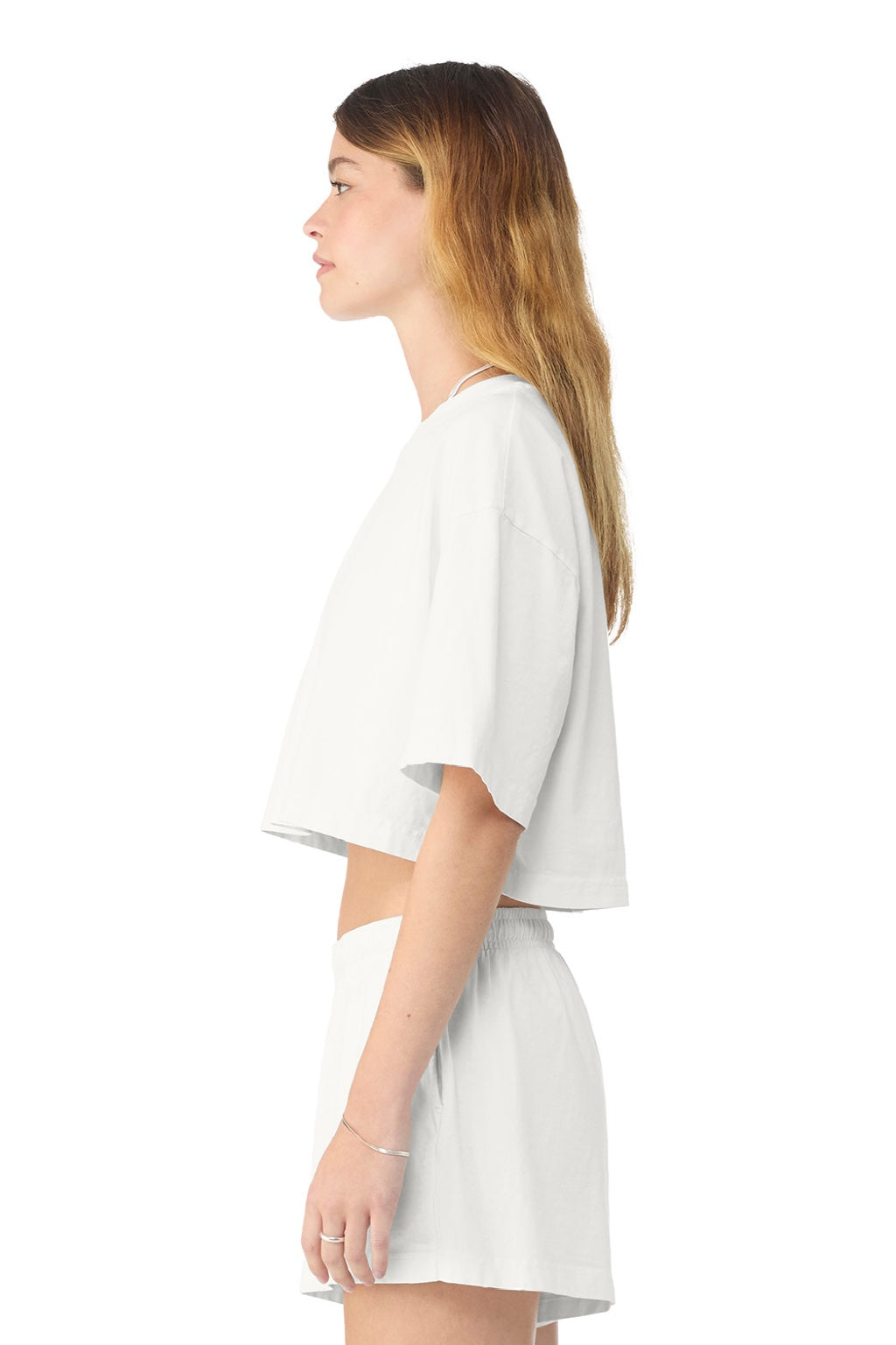 Bella + Canvas BC6882GD Womens Garment Dyed Cropped Short Sleeve Crewneck T-Shirt Vintage White Model Side