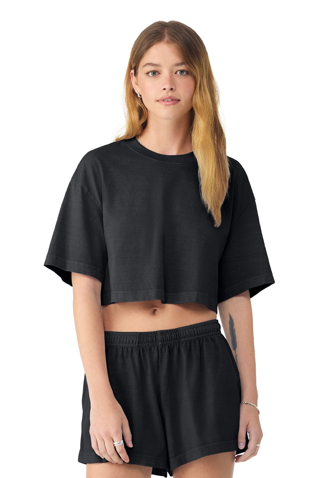 Bella + Canvas BC6882GD Womens Garment Dyed Cropped Short Sleeve Crewneck T-Shirt Washed Black Model Front