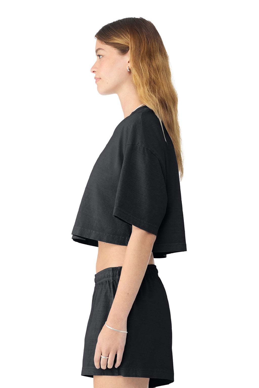 Bella + Canvas BC6882GD Womens Garment Dyed Cropped Short Sleeve Crewneck T-Shirt Washed Black Model Side