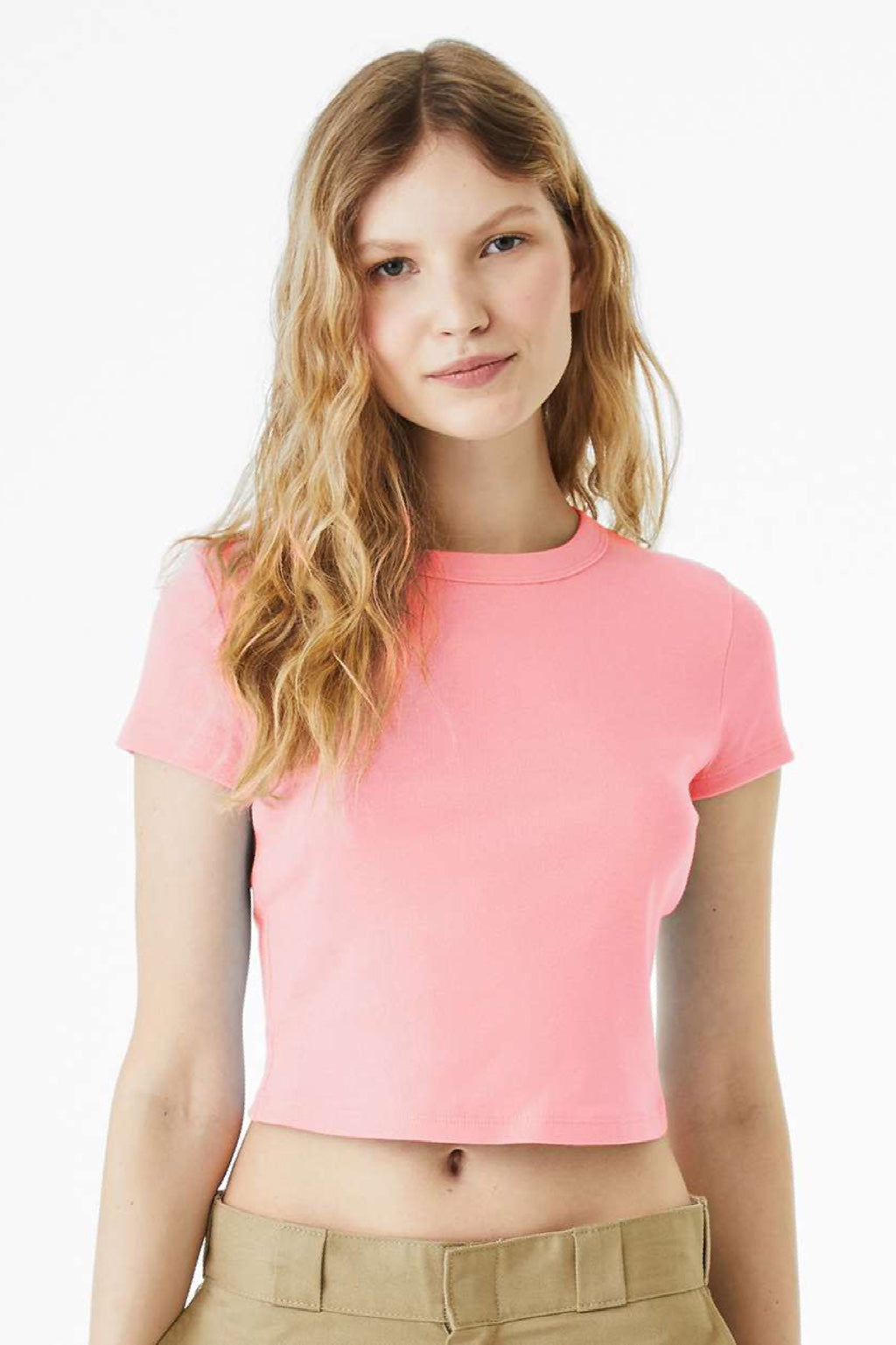 Bella + Canvas BC1010/1010 Womens Micro Ribbed Short Sleeve Crewneck Baby T-Shirt Pink Model Front