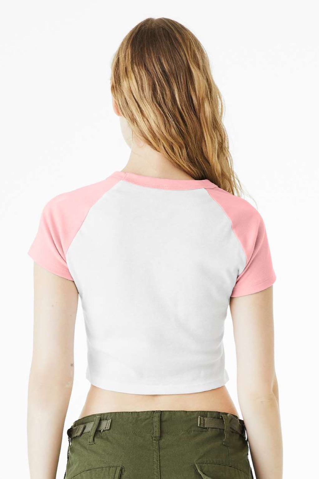 Bella + Canvas BC1201/1201 Womens Micro Ribbed Raglan Short Sleeve Crewneck Baby T-Shirt White/Pink Model Back