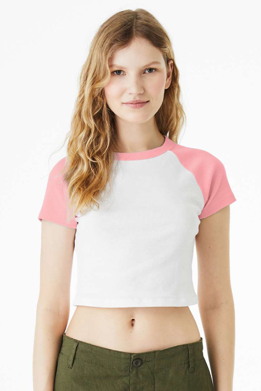 Bella + Canvas BC1201/1201 Womens Micro Ribbed Raglan Short Sleeve Crewneck Baby T-Shirt White/Pink Model Front