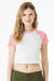Bella + Canvas BC1201/1201 Womens Micro Ribbed Raglan Short Sleeve Crewneck Baby T-Shirt White/Pink Model Front