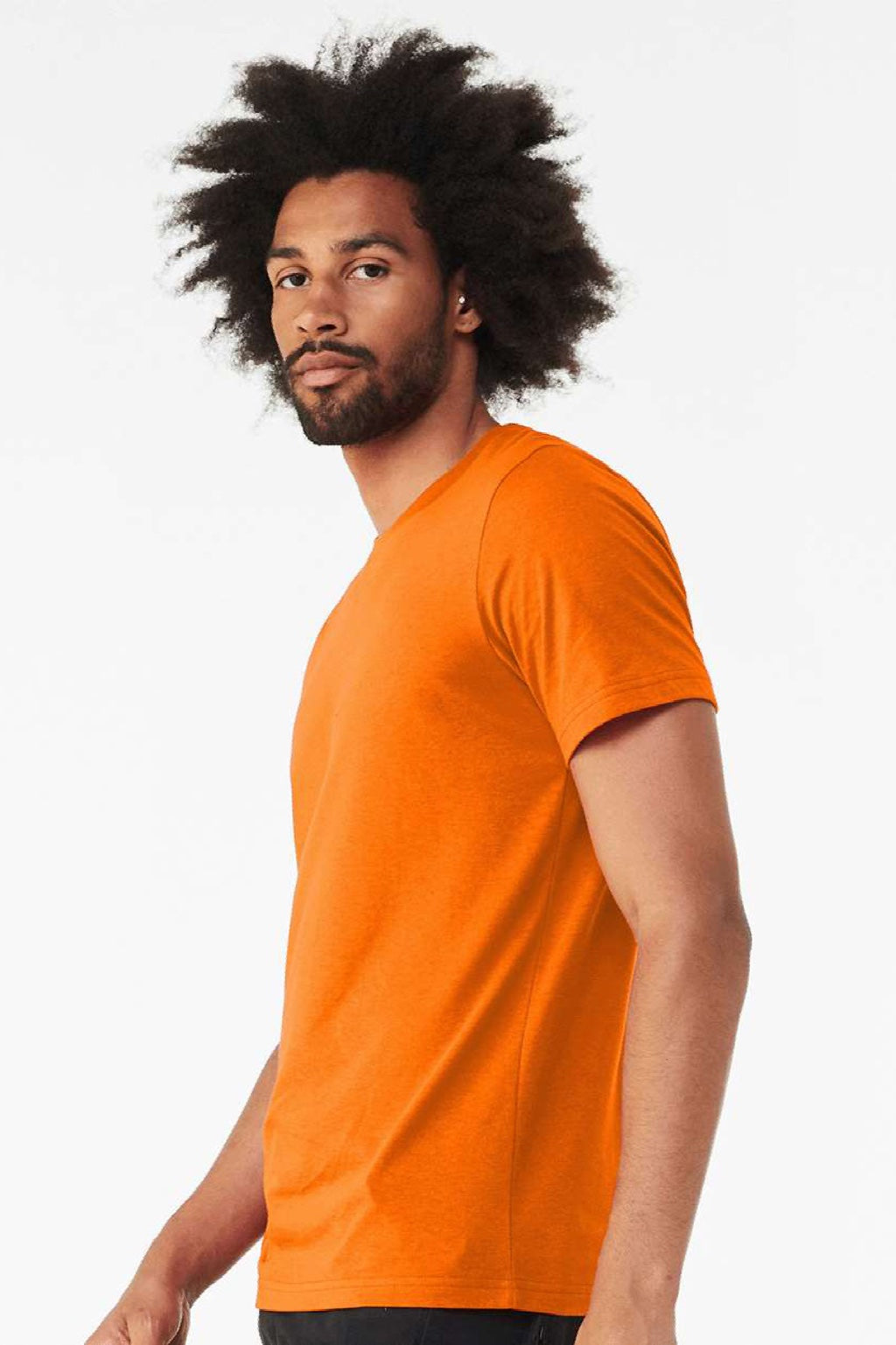 Bella + Canvas BC3001CVC/3001CVC Mens Heather CVC Short Sleeve Crewneck T-Shirt Neon Orange Model Side