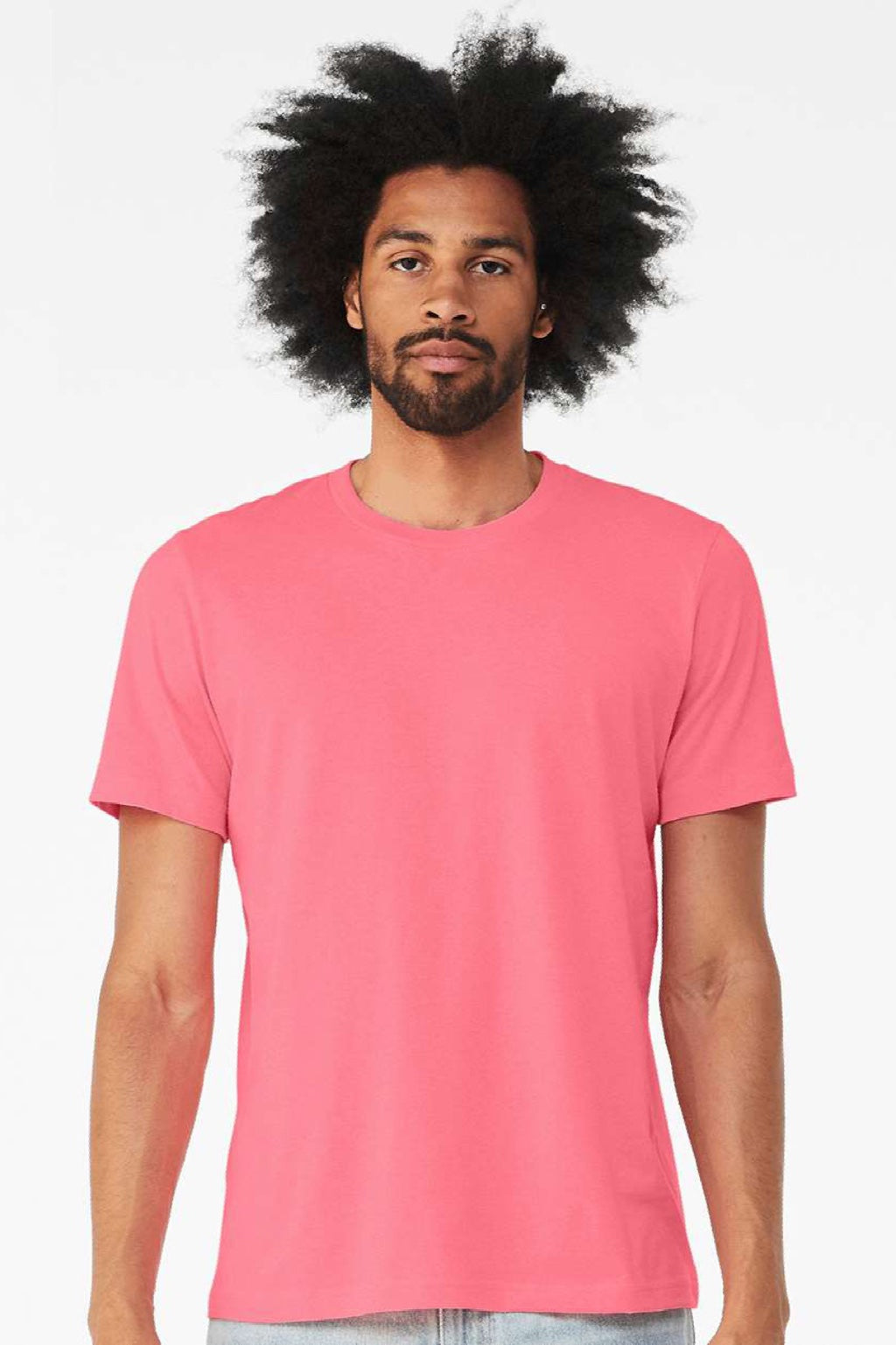 Bella + Canvas BC3001CVC/3001CVC Mens Heather CVC Short Sleeve Crewneck T-Shirt Neon Pink Model Front