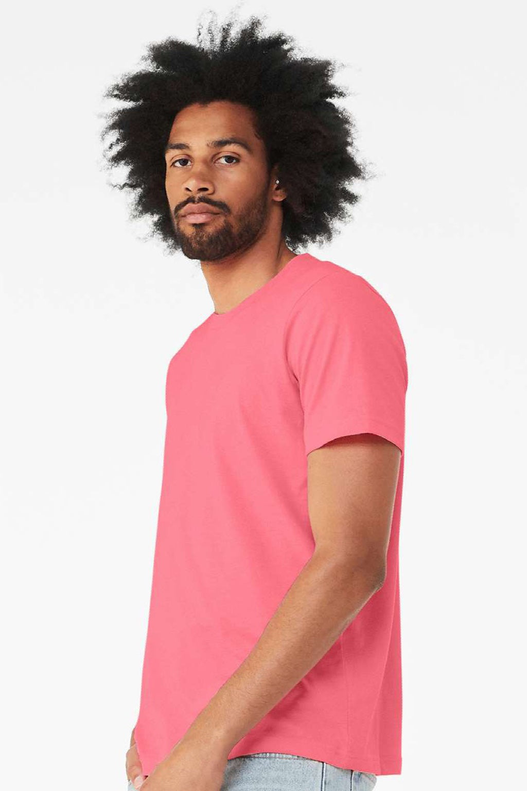Bella + Canvas BC3001CVC/3001CVC Mens Heather CVC Short Sleeve Crewneck T-Shirt Neon Pink Model Side