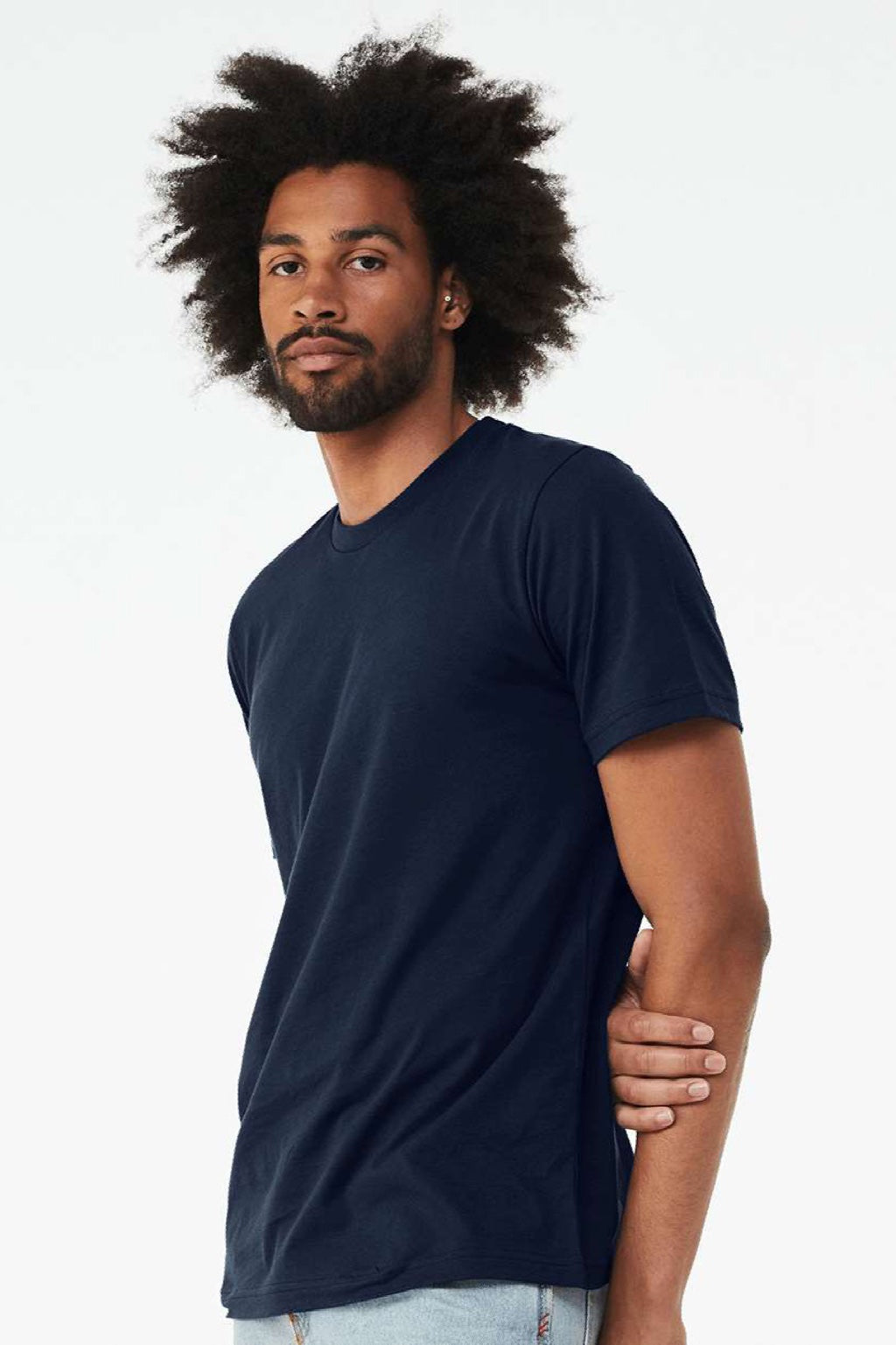 Bella + Canvas BC3001CVC/3001CVC Mens Heather CVC Short Sleeve Crewneck T-Shirt Solid Navy Blue Model Side
