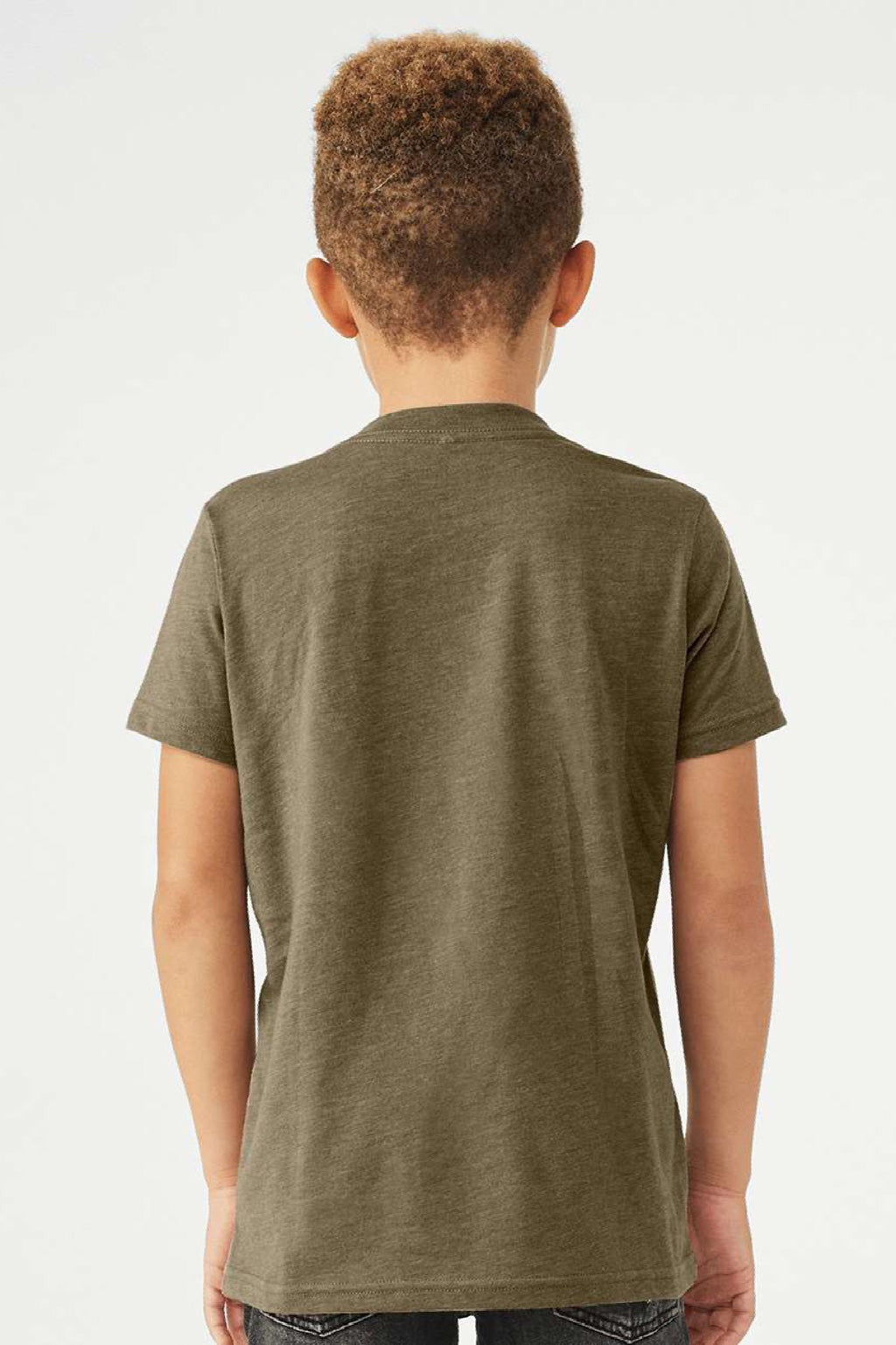 Bella + Canvas BC3001YCVC/3001YCVC Youth Jersey Short Sleeve Crewneck T-Shirt Heather Olive Green Model Back