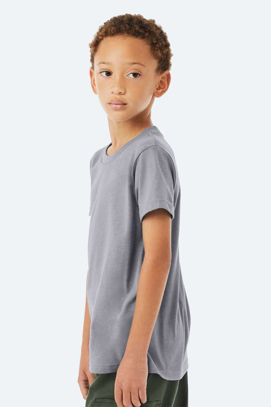 Bella + Canvas BC3001YCVC/3001YCVC Youth CVC Short Sleeve Crewneck T-Shirt Heather Storm Blue Model Side